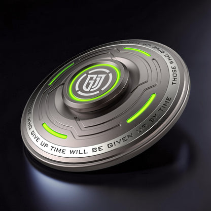 The Curious Mind Long Glow Bar Spinner, a premium metal fidget spinner with green glowing accents and engraved text.