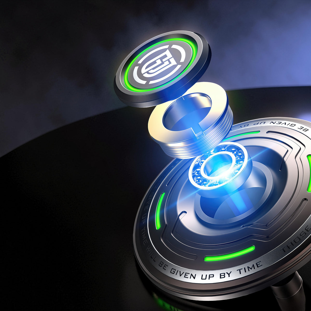 The Curious Mind Long Glow Bar Spinner, a premium metal fidget toy with glowing green accents and a central blue illuminated bearing.