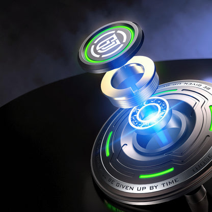 The Curious Mind Long Glow Bar Spinner, a premium metal fidget toy with glowing green accents and a central blue illuminated bearing.