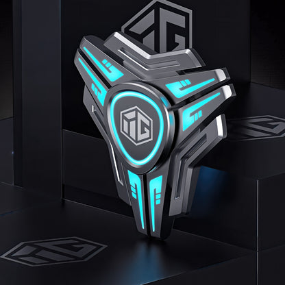 The Curious Mind Luminous Blade metal spinner with blue glowing accents and a central logo.