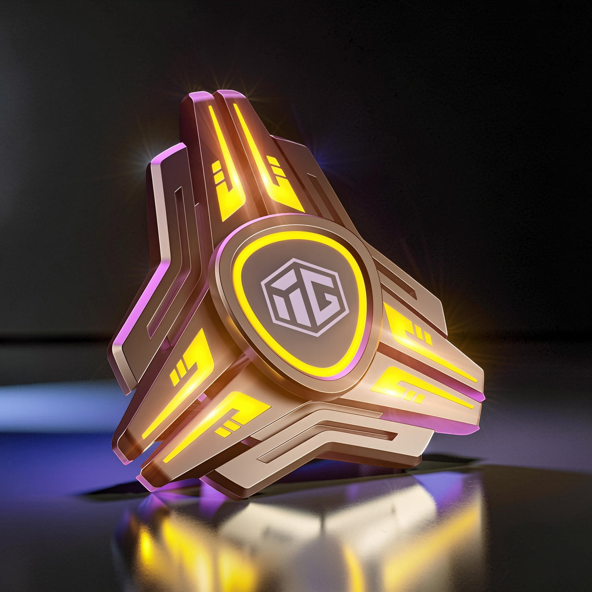 The Curious Mind Luminous Blade metal spinner with gold finish, illuminated by yellow and purple LED lights, featuring a central logo.