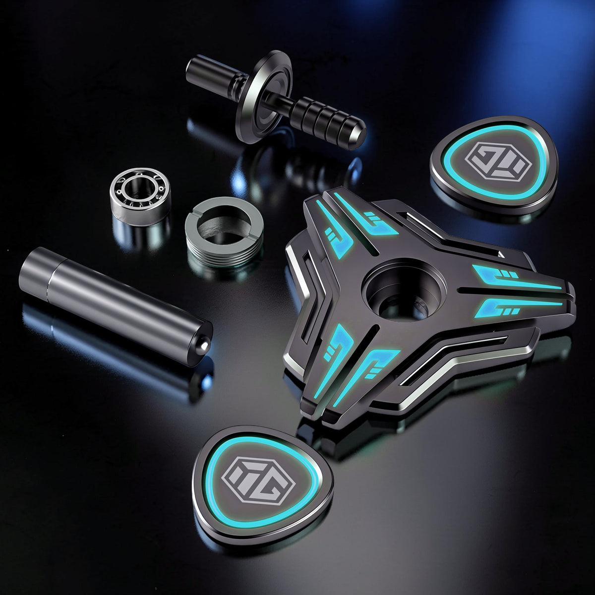 The Curious Mind Luminous Blade metal spinner with blue glowing accents and disassembled parts.