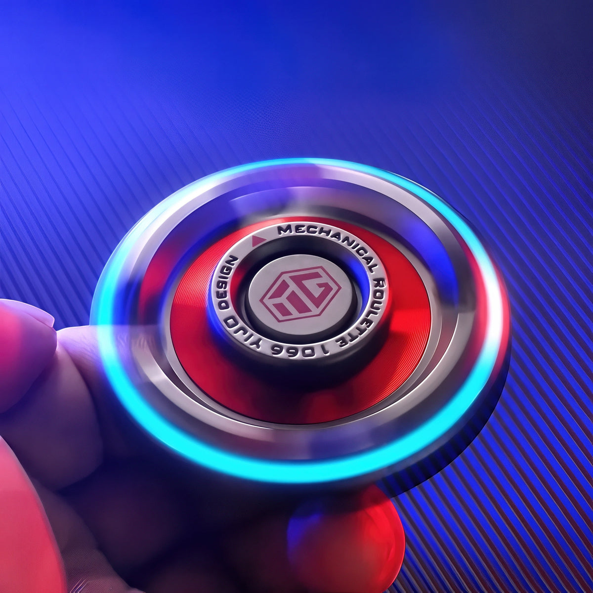 The Curious Mind High-Speed Luminous Star Spinner, a metal fidget toy with red and silver accents and glowing blue light.