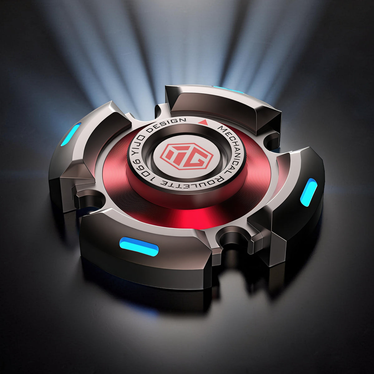 The Curious Mind High-Speed Luminous Star Spinner, a metallic fidget toy with red and blue glowing accents, designed for satisfying rotation and focus.