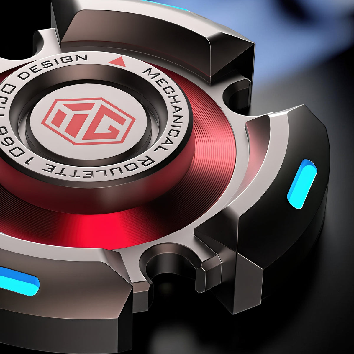 The Curious Mind High-Speed Luminous Star Spinner, a metallic fidget toy with red and blue glowing accents and intricate mechanical detailing.