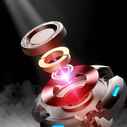 The Curious Mind High-Speed Luminous Star Spinner exploded view, showing metal components in red, gold, and silver with a bearing at the center.