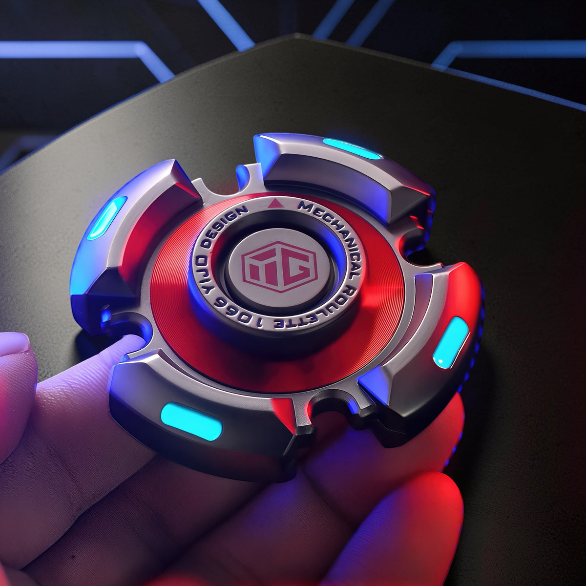 The Curious Mind High-Speed Luminous Star Spinner, a metal fidget toy with red and silver accents and blue LED lights.