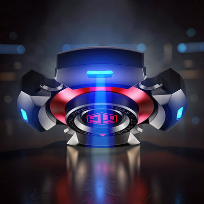 The Curious Mind High-Speed Luminous Star Spinner, a metal fidget toy with blue and red LED lights and a futuristic design.