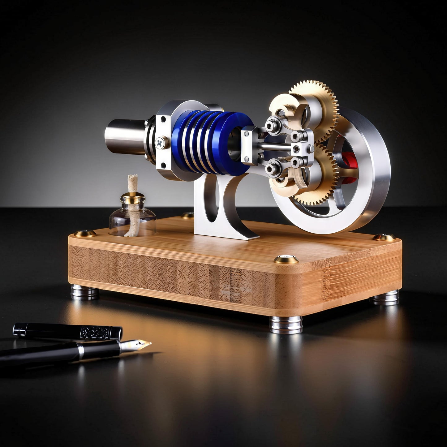 The Curious Mind M20 Stirling engine model with blue cylinder, metal gears, and a bamboo base. Includes a small fuel bottle.