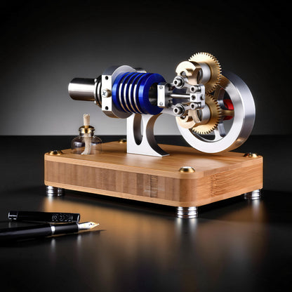 The Curious Mind M20 Stirling engine model with blue cylinder, metal gears, and a bamboo base. Includes a small fuel bottle.