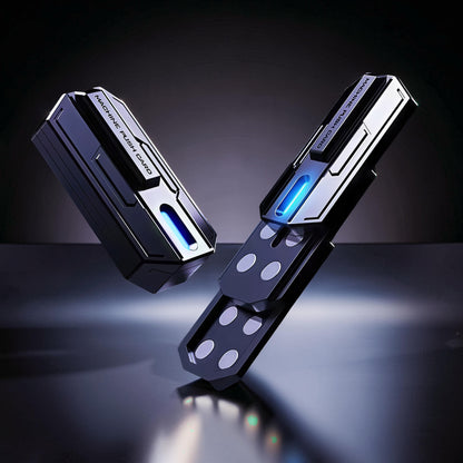 The Curious Mind Luminous Magnetic Haptic Slider fidget toy with blue light and metallic finish.