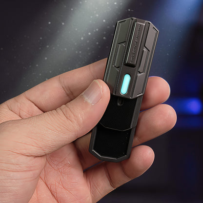 The Curious Mind Luminous Magnetic Haptic Slider fidget toy in dark grey metal with a blue light accent, held in a hand.