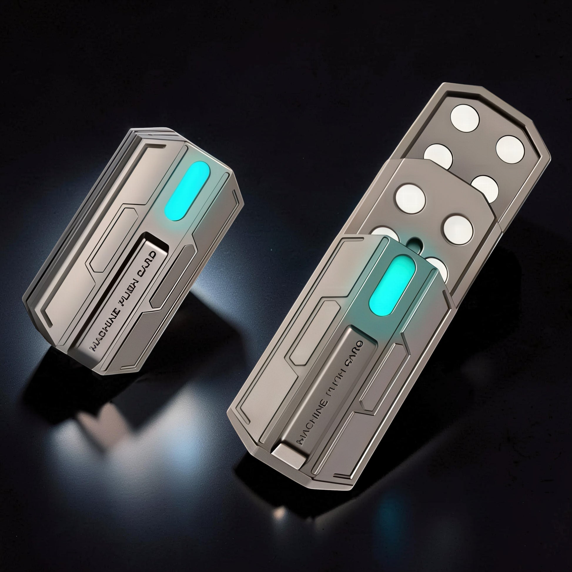 The Curious Mind Luminous Magnetic Haptic Slider fidget toy with a metallic silver finish and a glowing cyan light.