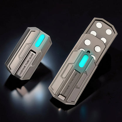 The Curious Mind Luminous Magnetic Haptic Slider fidget toy with a metallic silver finish and a glowing cyan light.