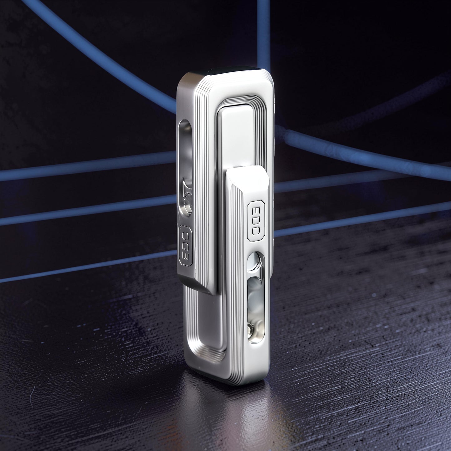 The Curious Mind premium magnetic double push slider fidget toy, silver metal, compact design with EDC engraving.