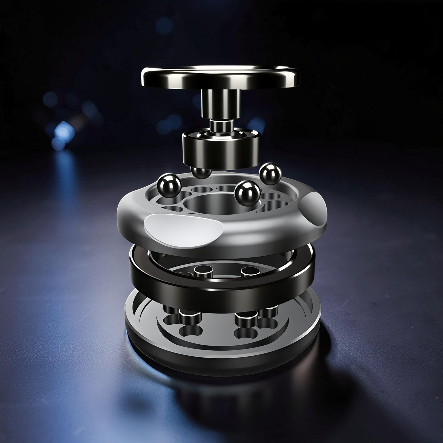 The Curious Mind Magnetic Master 2.0 metal spinner with visible bearings and magnetic accents, designed for EDC and focus breaks.