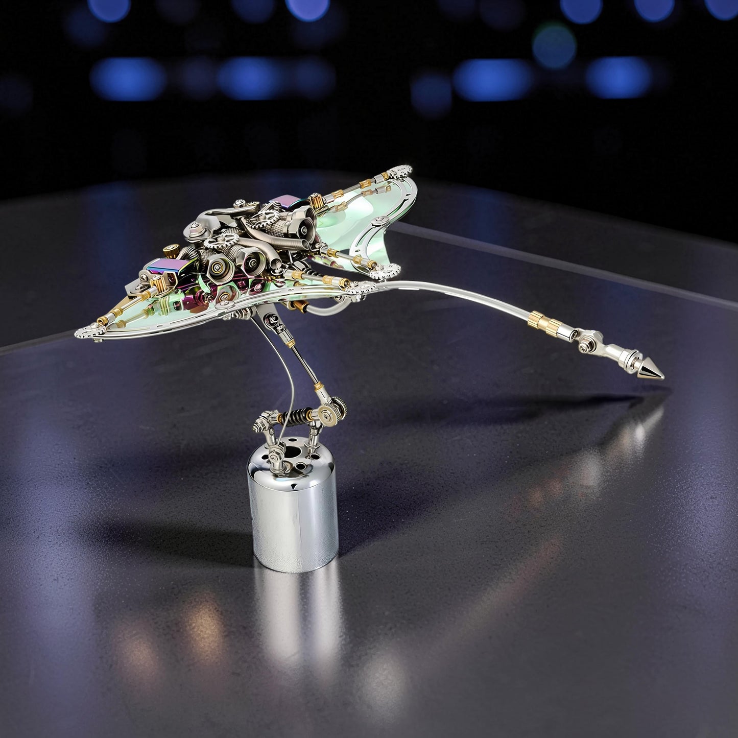 The Curious Mind Manta Ray 3D metal model kit, intricate steampunk design with iridescent accents and mechanical details.