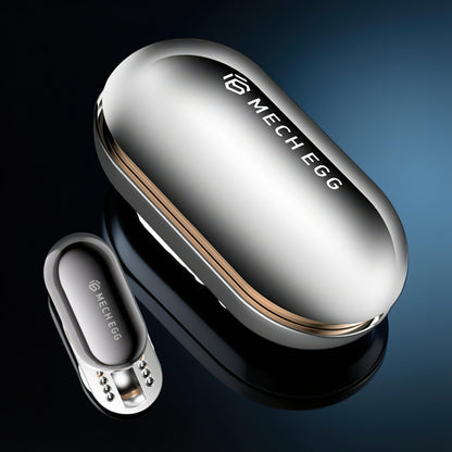 The Curious Mind Mech Egg Clicker Slider: compact, silver metal fidget toy with a capsule shape and satisfying clicky slider action.