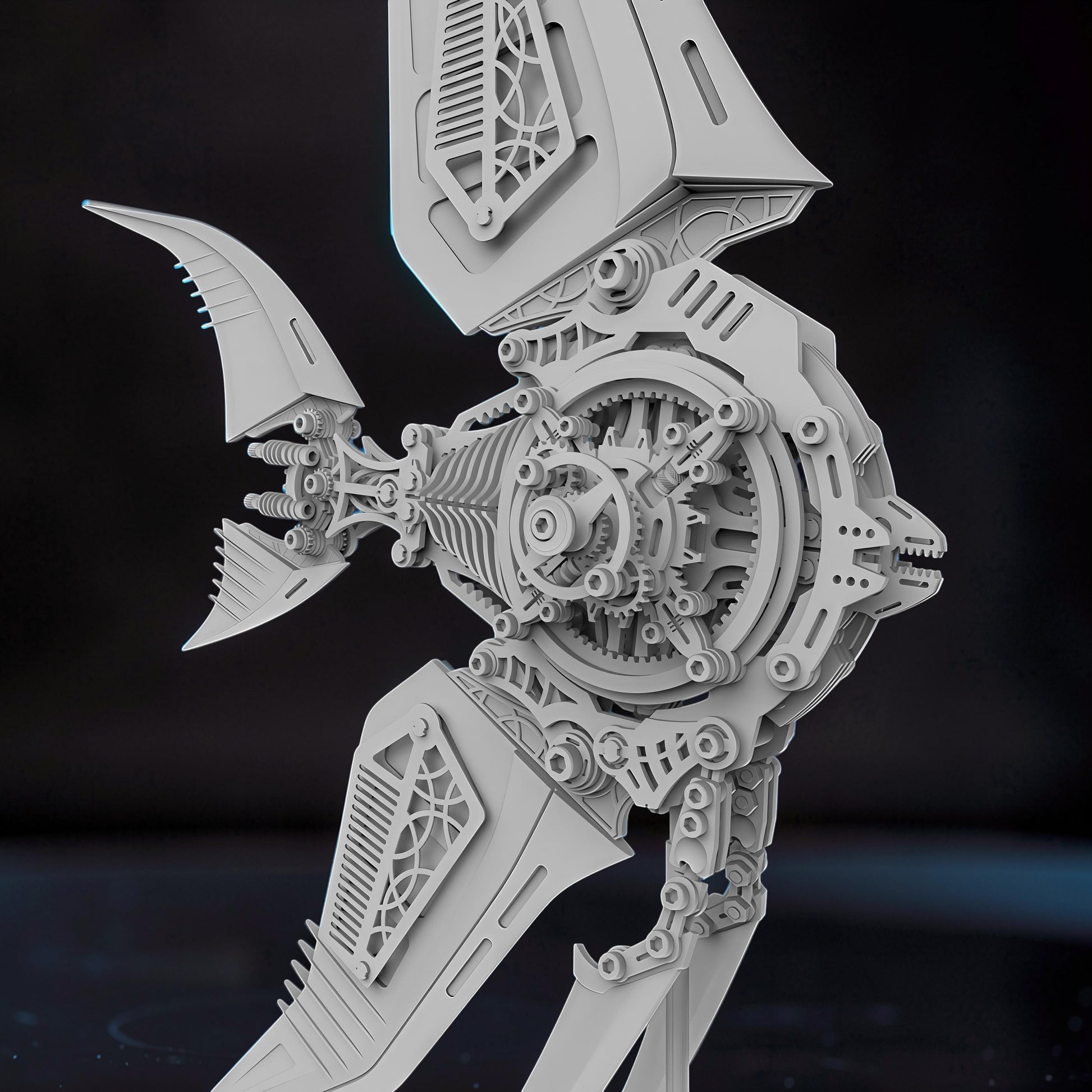 The Curious Mind Mechanical Angelfish 3D metal model kit, intricate gears and steampunk design.