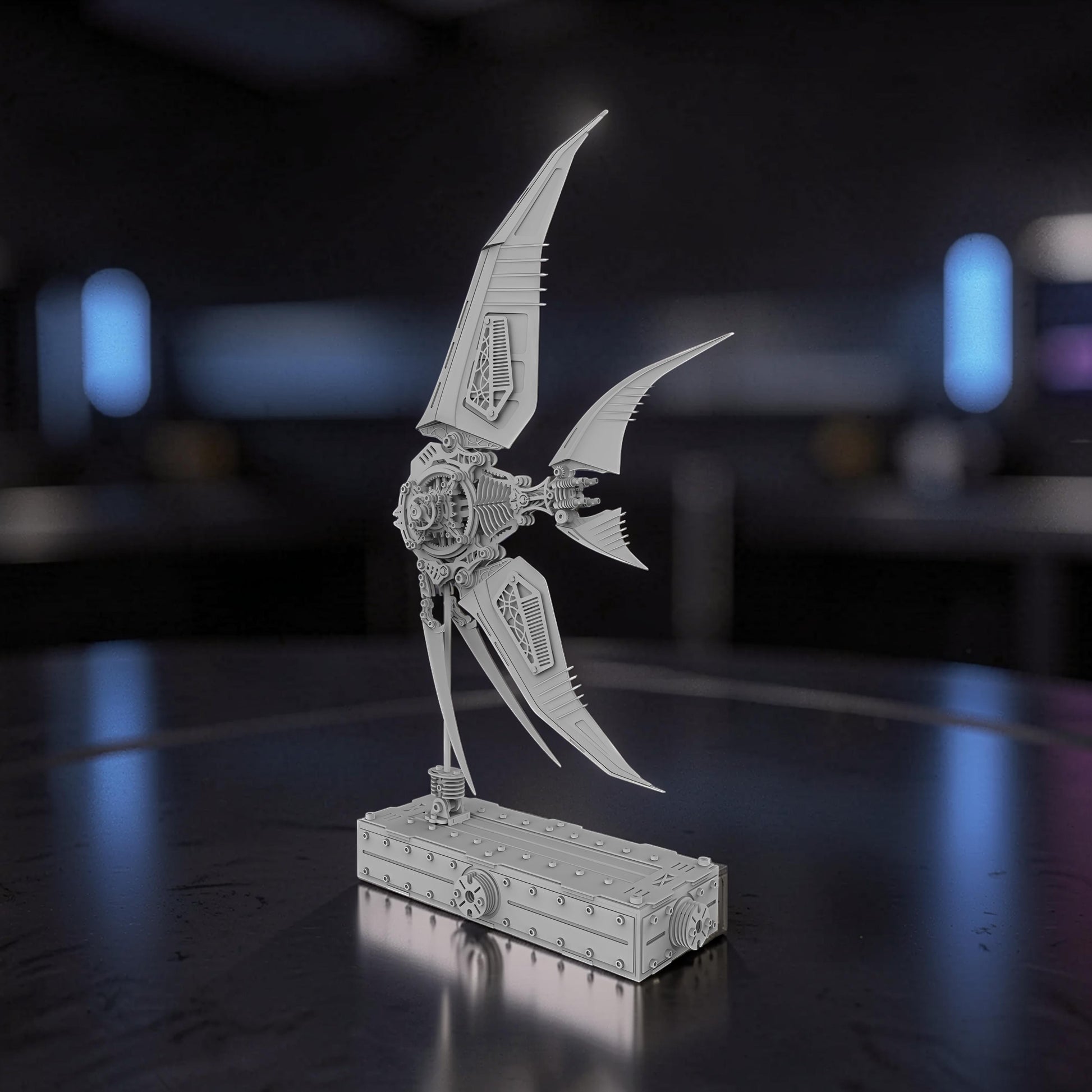 The Curious Mind Mechanical Angelfish 3D metal model kit with intricate gears and fins, displayed on a steampunk-inspired base.
