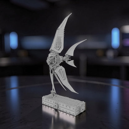 The Curious Mind Mechanical Angelfish 3D metal model kit with intricate gears and fins, displayed on a steampunk-inspired base.
