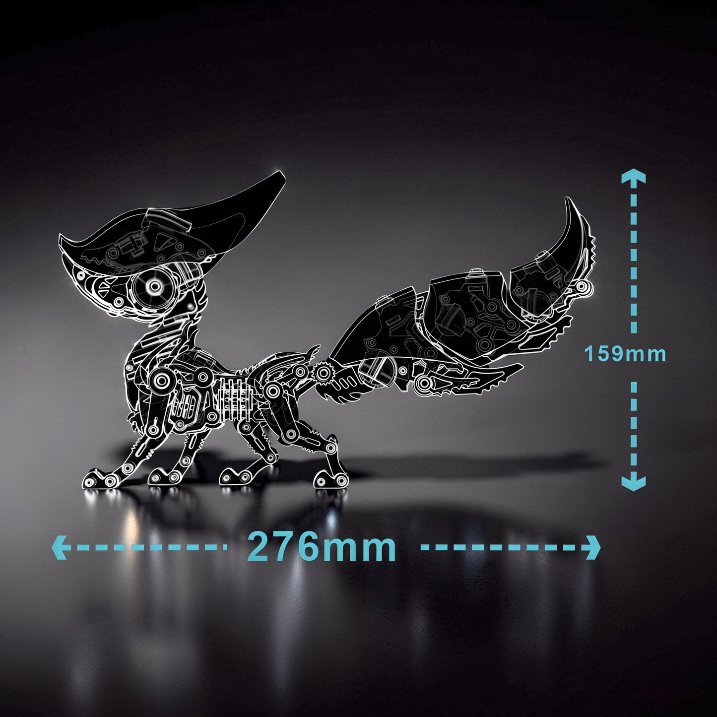 The Curious Mind Mechanical Fox 3D metal model kit, intricate steampunk design, detailed gears and components, 276mm long, 159mm tall.