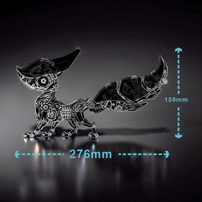 The Curious Mind Mechanical Fox 3D metal model kit, intricate steampunk design, detailed gears and components, 276mm long, 159mm tall.