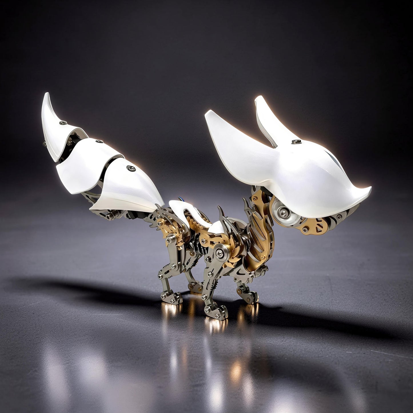 The Curious Mind Mechanical Fox 3D metal model kit with white and metallic gold accents. Intricate gears and joints visible.