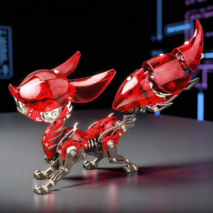The Curious Mind Mechanical Fox 3D metal model kit with translucent red accents and metallic silver frame.