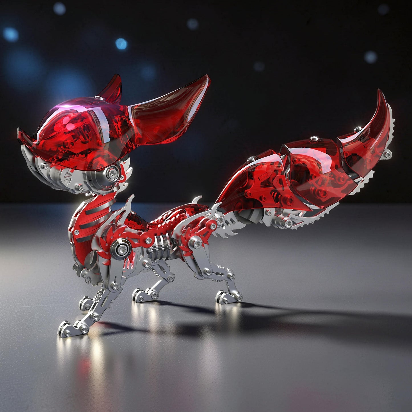 The Curious Mind Mechanical Fox 3D metal model kit with translucent red accents and metallic silver frame.