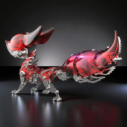 The Curious Mind Mechanical Fox 3D metal model kit with metallic silver frame and translucent red accents.