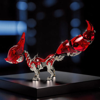 The Curious Mind Mechanical Fox 3D metal model kit with metallic silver frame and translucent red accents, intricate mechanical design.