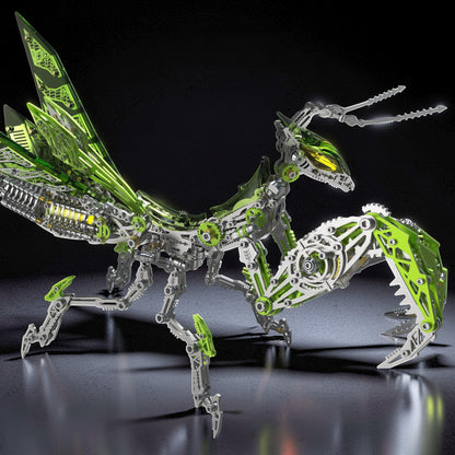 The Curious Mind Mechanical Mantis 3D metal model kit with intricate gears, articulated limbs, and vibrant green metallic wings.