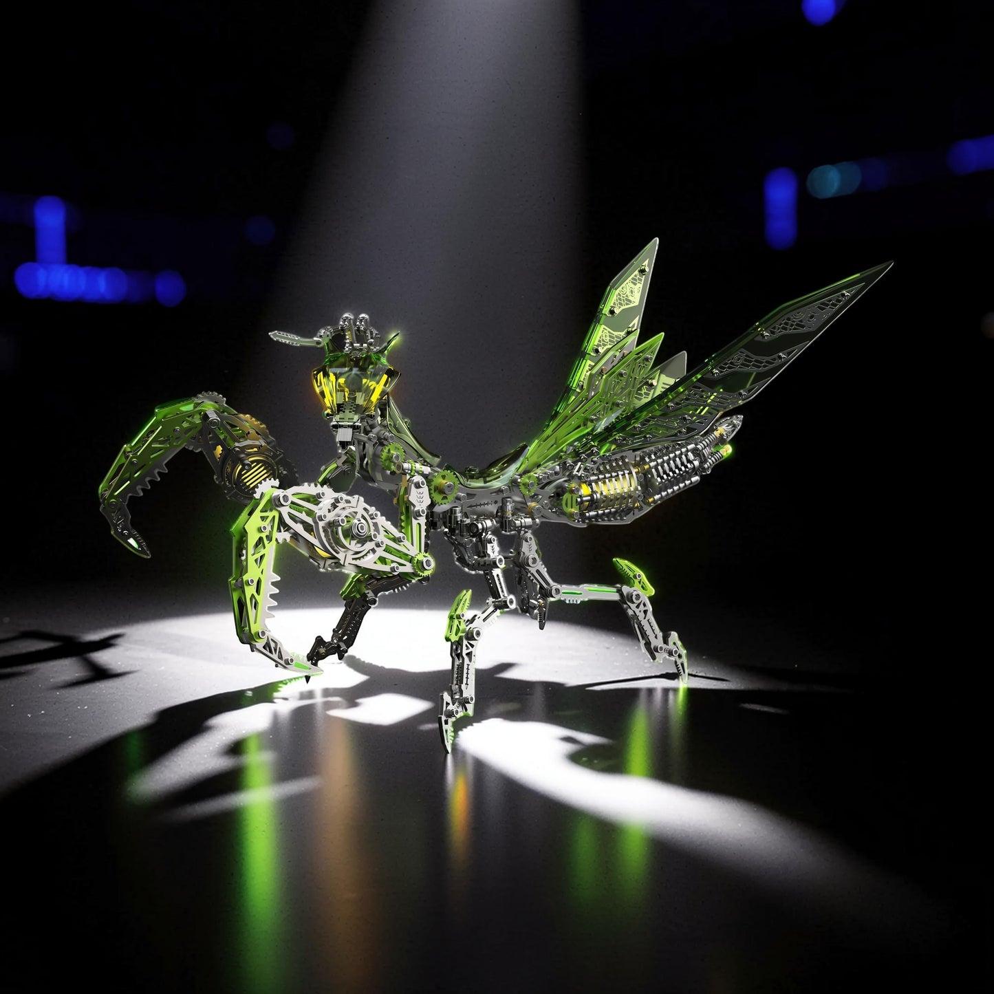 The Curious Mind Mechanical Mantis 3D metal model kit with green metallic finish, intricate details, and articulated limbs.