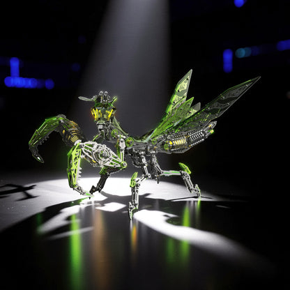 The Curious Mind Mechanical Mantis 3D metal model kit with green metallic finish, intricate details, and articulated limbs.
