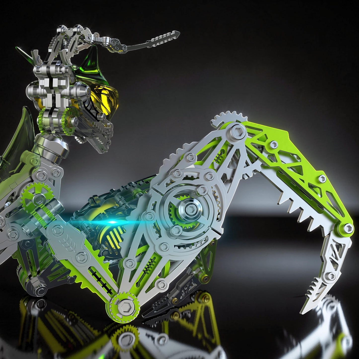 The Curious Mind Mechanical Mantis 3D metal model kit with silver, green, and yellow accents. Intricate gears and articulated limbs.