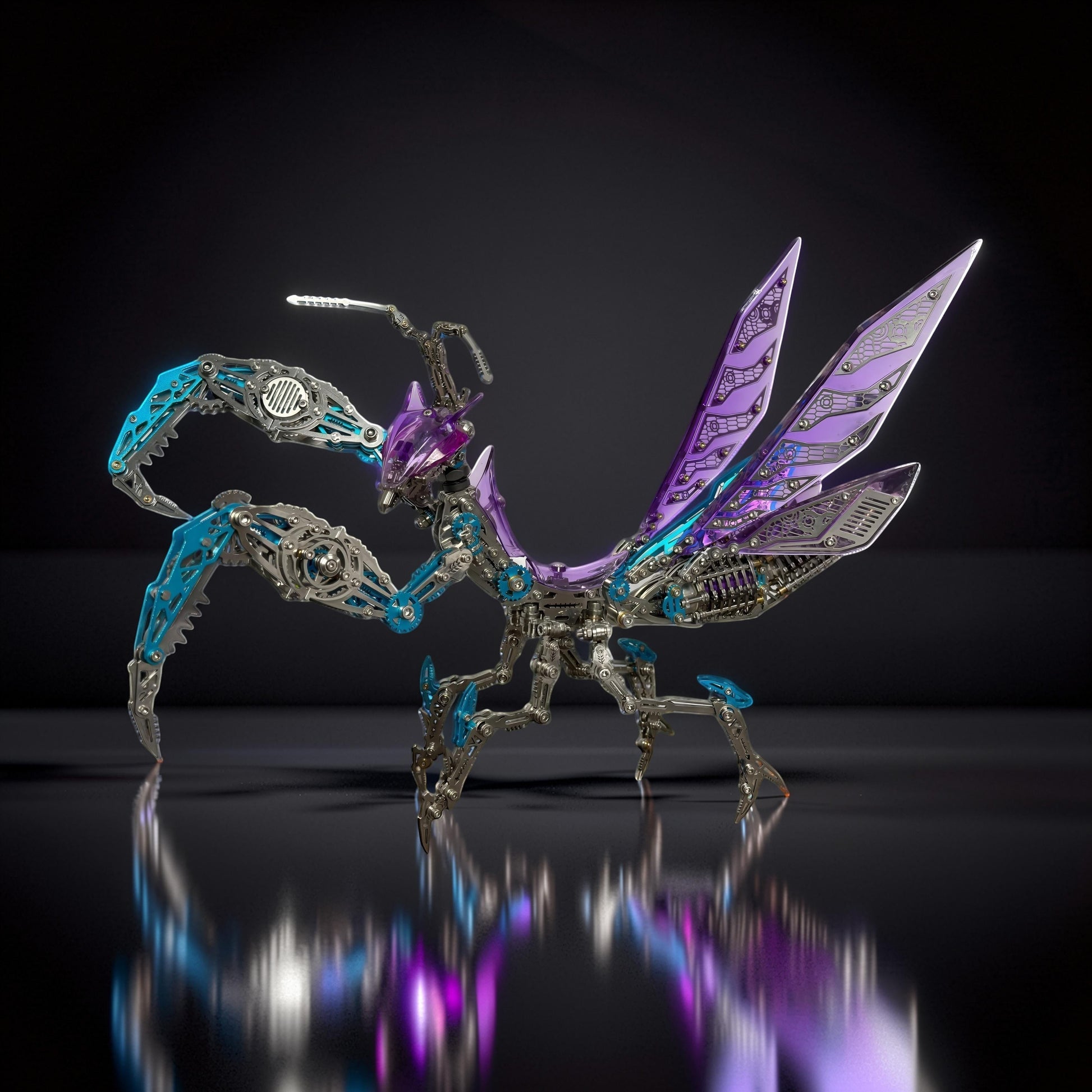 The Curious Mind Mechanical Mantis 3D metal model kit with purple and blue accents, intricate metallic finish, and articulated limbs.
