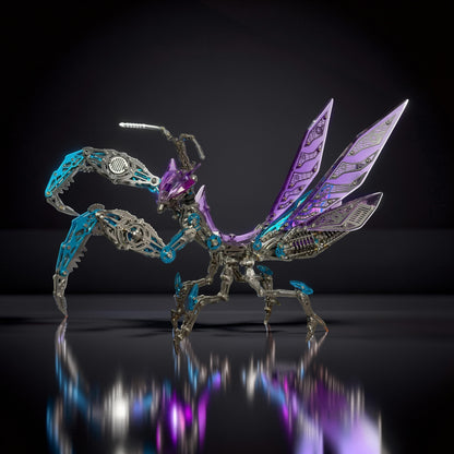 The Curious Mind Mechanical Mantis 3D metal model kit with purple and blue accents, intricate metallic finish, and articulated limbs.