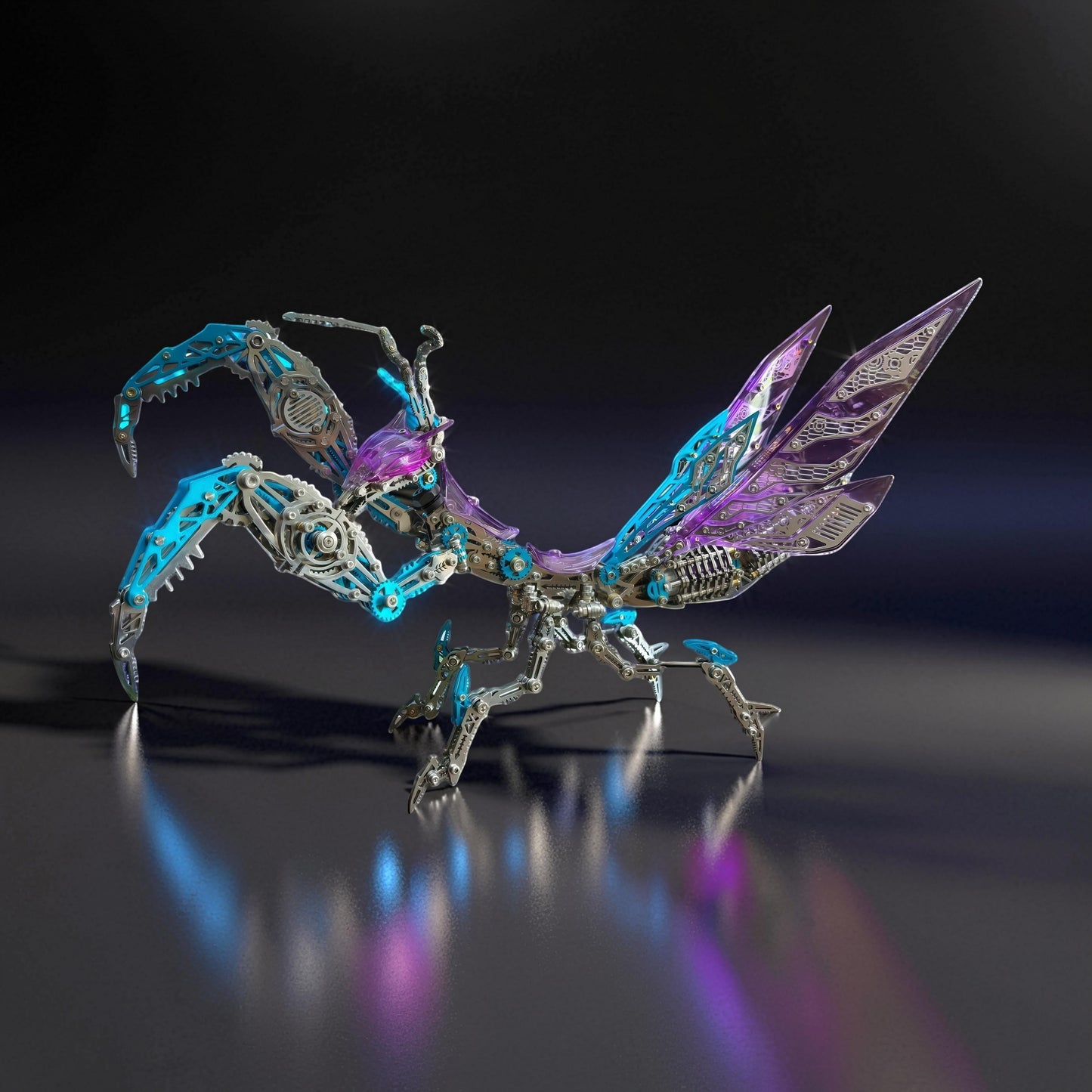 The Curious Mind Mechanical Mantis 3D metal model kit with purple and blue accents, intricate metallic finish, articulated limbs, and ornate wings.