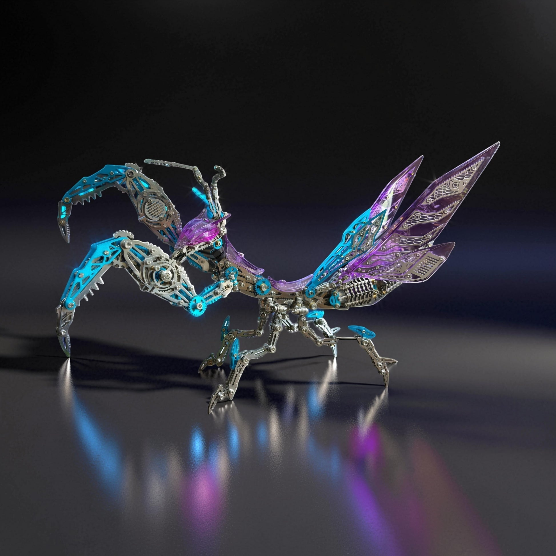 The Curious Mind Mechanical Mantis 3D metal model kit with purple and blue accents, intricate metallic finish, articulated limbs, and ornate wings.