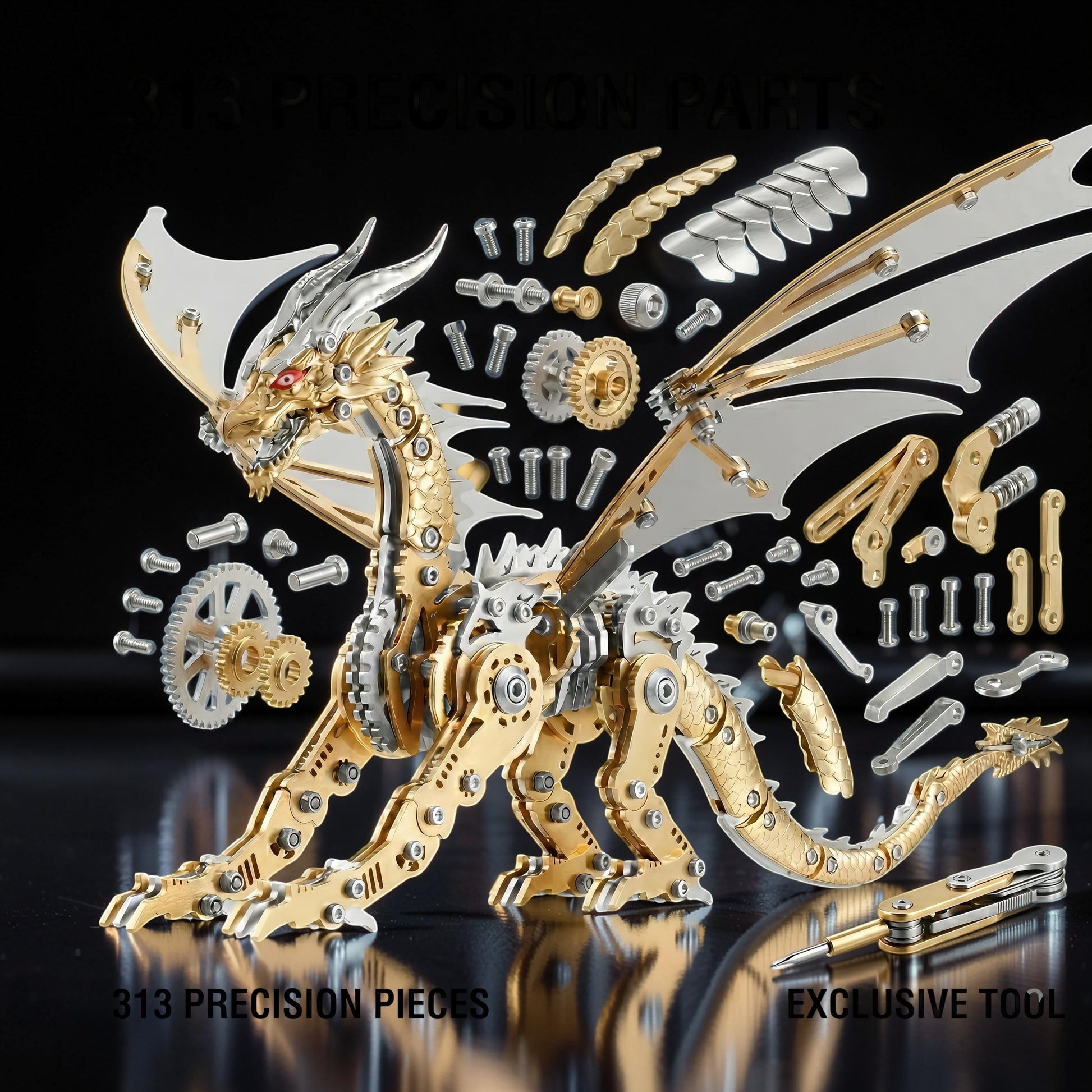 The Curious Mind Pterosaur DIY Kit: a detailed mechanical dragon model made of gold and silver metal parts, with wings spread and surrounded by assembly components and tools.