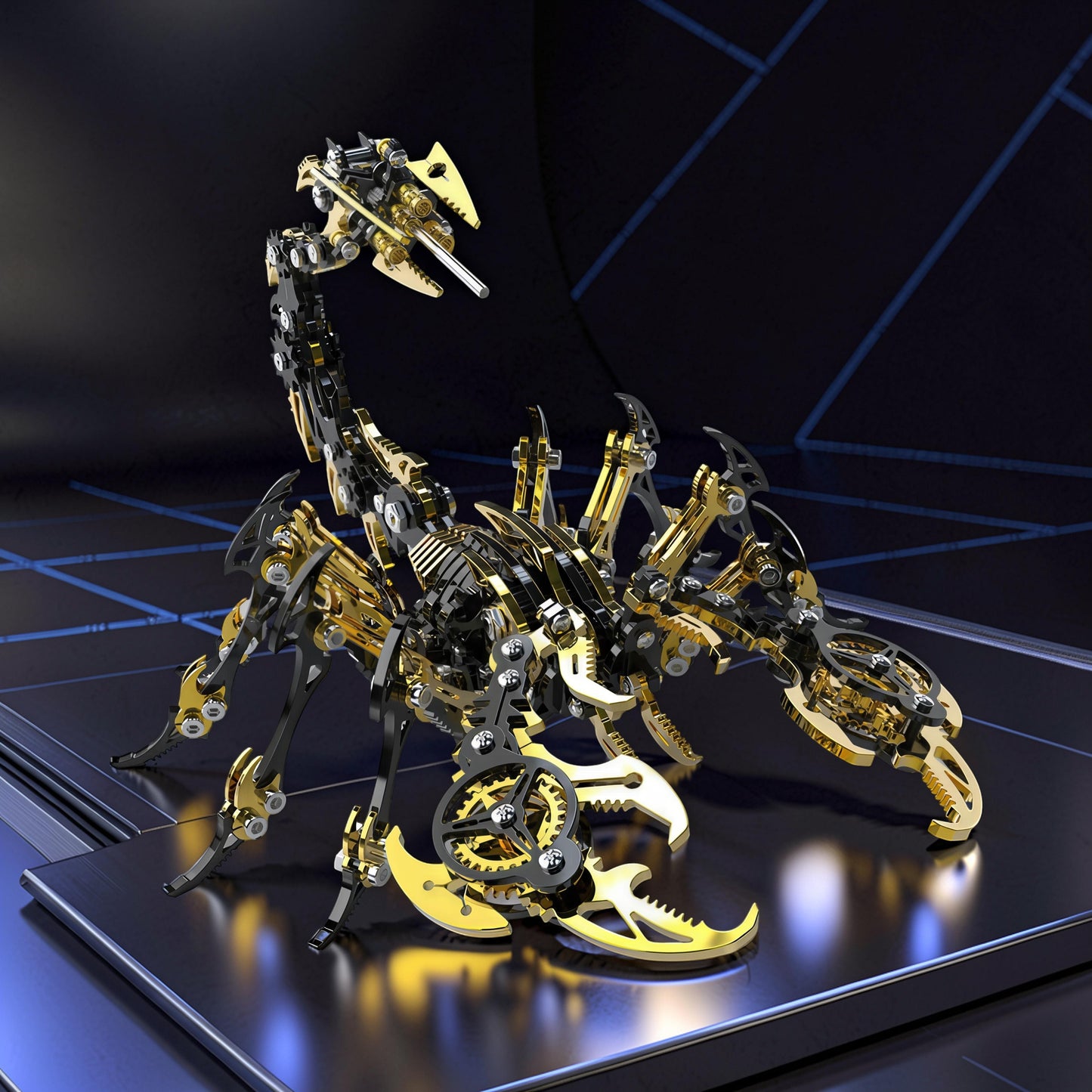 The Curious Mind Black Edition Mechanical Scorpion 3D metal model kit with intricate gold and black detailing, featuring articulated legs and tail.