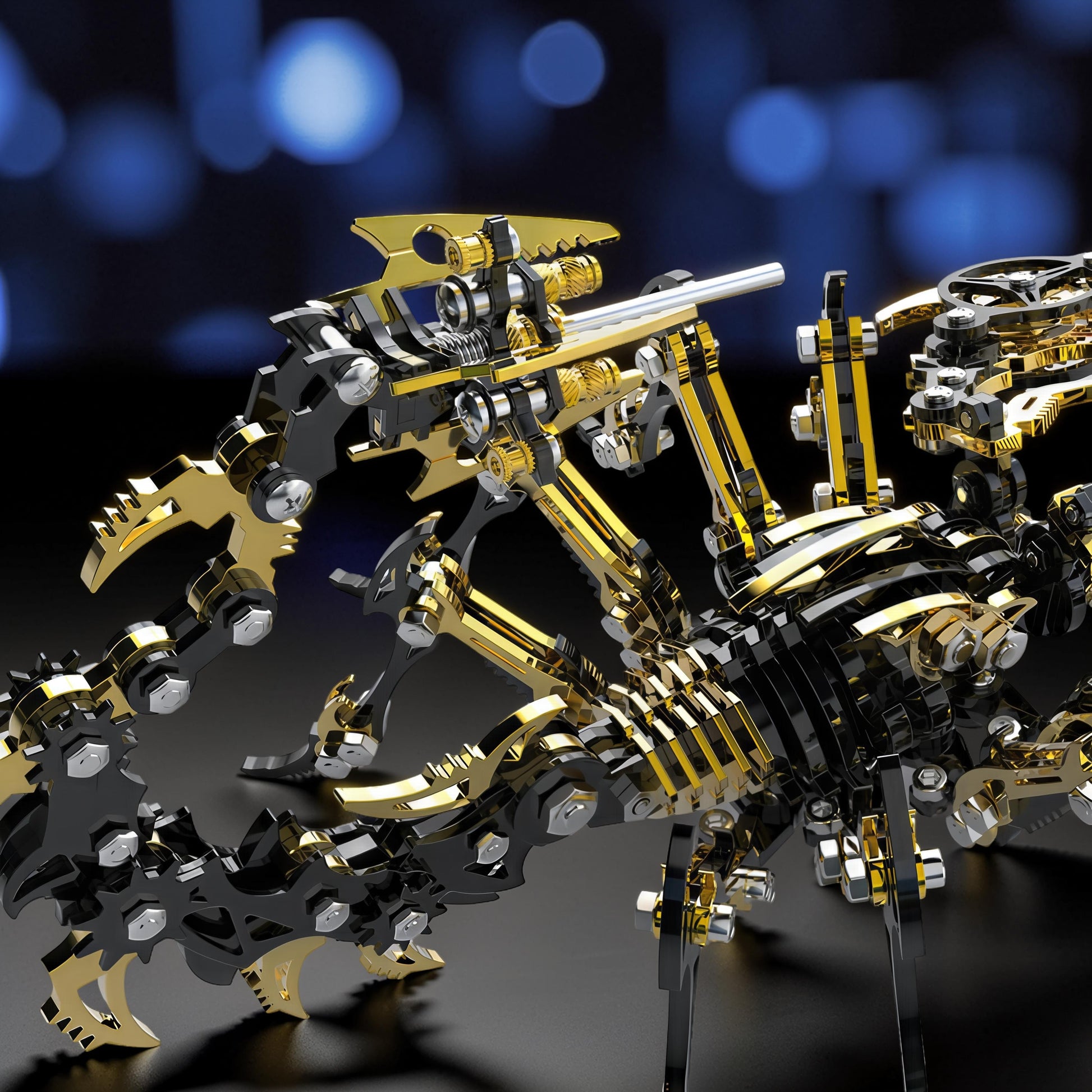 The Curious Mind Black Edition Mechanical Scorpion 3D metal model kit with gold and black accents.