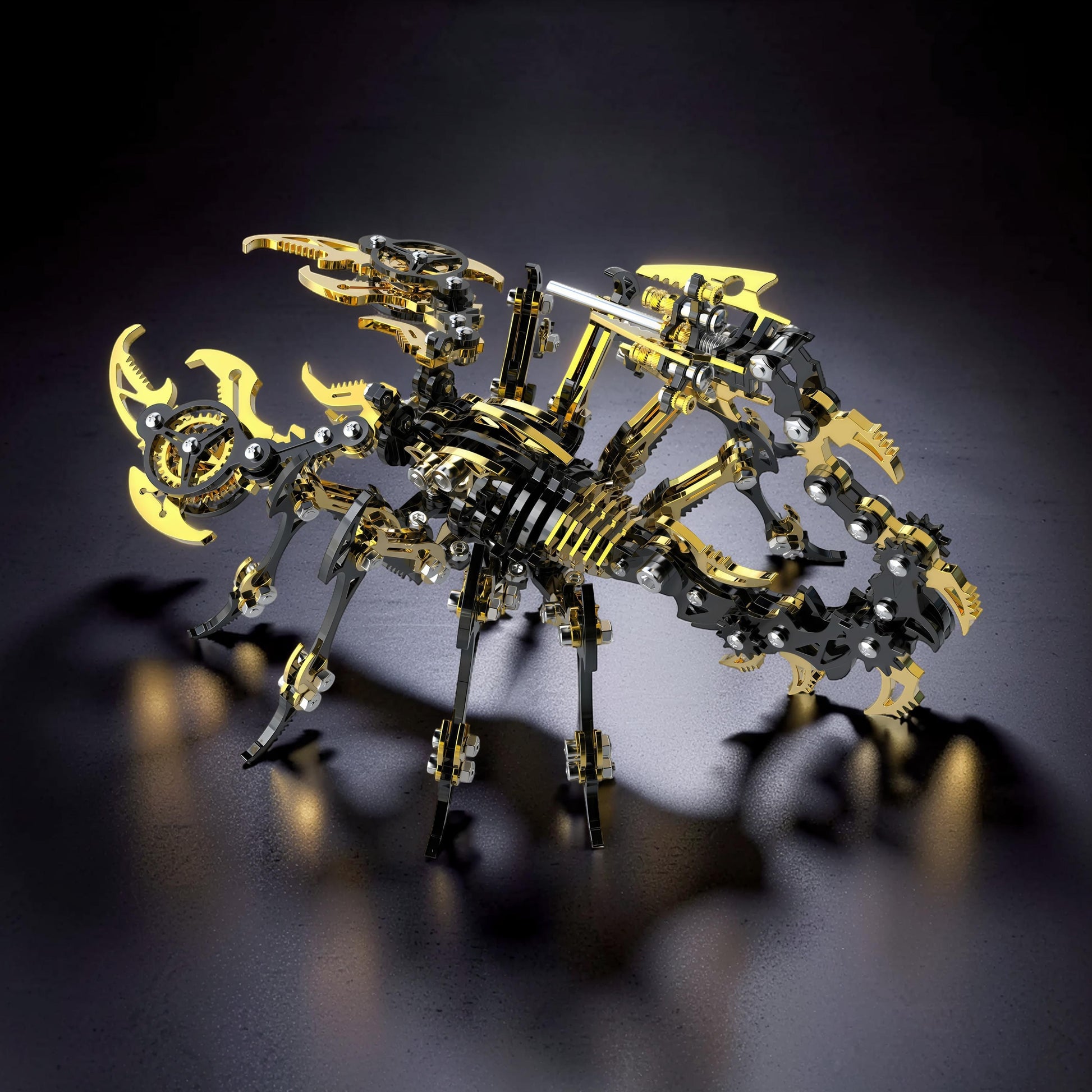 The Curious Mind Black Edition Mechanical Scorpion 3D metal model kit with intricate gold and black detailing.