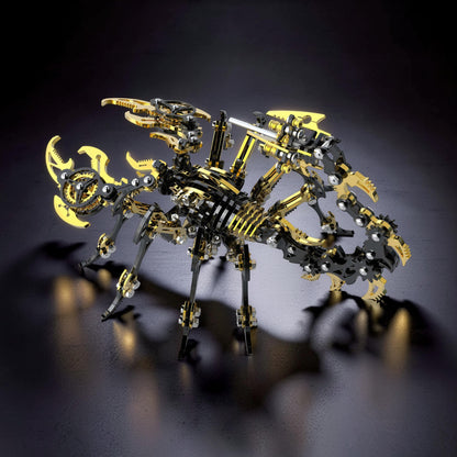 The Curious Mind Black Edition Mechanical Scorpion 3D metal model kit with intricate gold and black detailing.