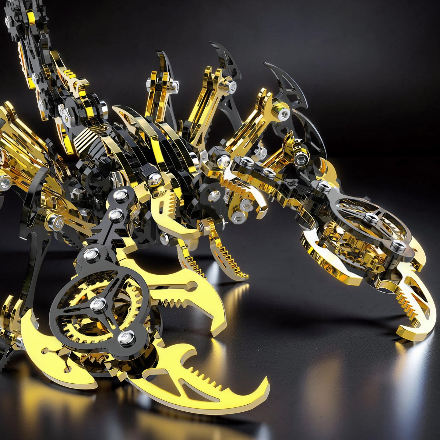 The Curious Mind Black Edition Mechanical Scorpion 3D metal model kit, featuring intricate gold and black metallic gears and segmented body.