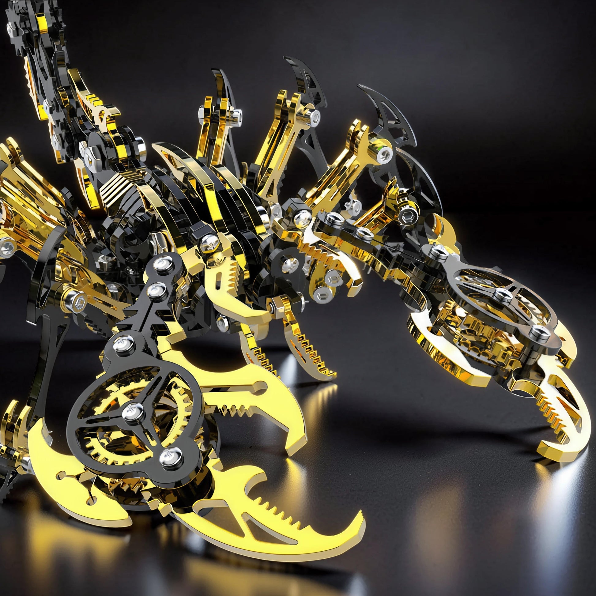 The Curious Mind Black Edition Mechanical Scorpion 3D metal model kit, featuring intricate gold and black metallic gears and segmented body.