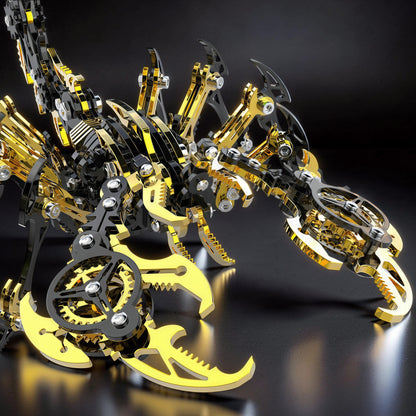 The Curious Mind Black Edition Mechanical Scorpion 3D metal model kit, featuring intricate gold and black metallic gears and segmented body.