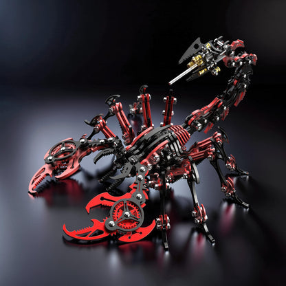 The Curious Mind Black Edition Mechanical Scorpion 3D metal model kit with red and black accents, intricate gears, and articulated legs.