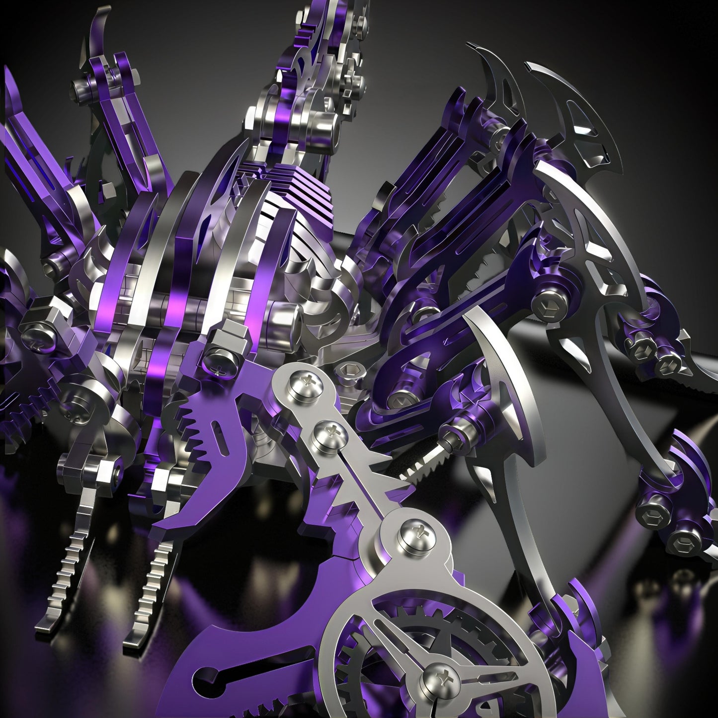 The Curious Mind Mechanical Scorpion 3D metal model kit in purple and silver, featuring intricate gears and joints.